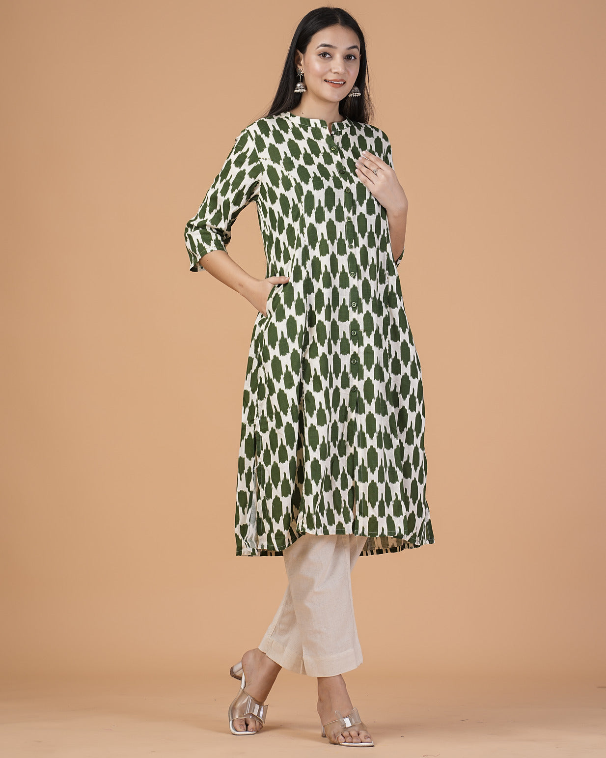 Dark Green Ikkat Printed Cotton Kurti