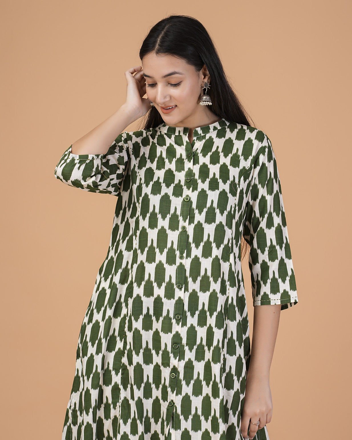 Dark Green Ikkat Printed Cotton Kurti