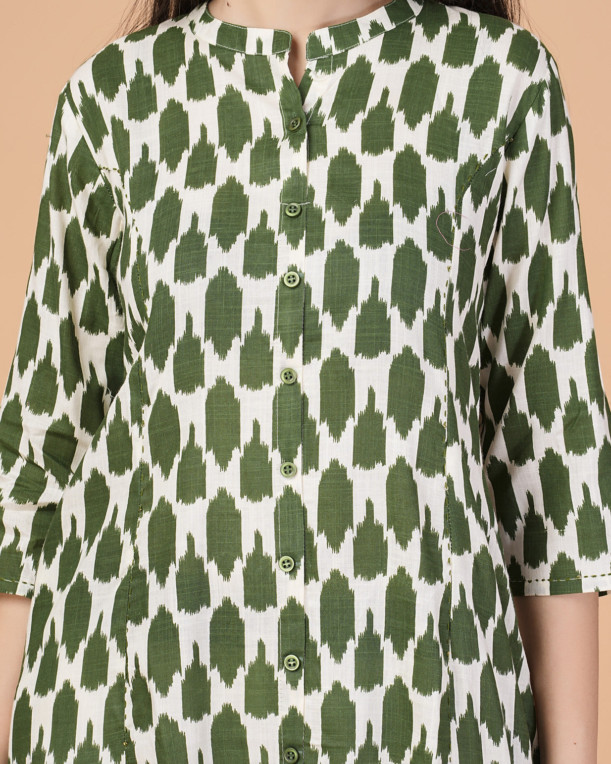 Dark Green Ikkat Printed Cotton Kurti