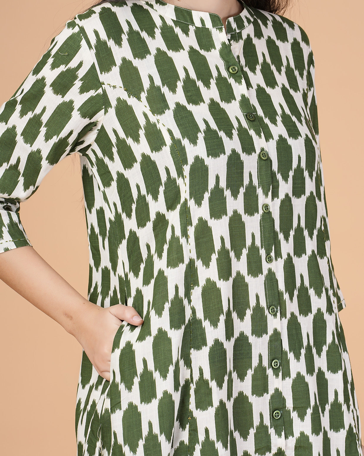 Dark Green Ikkat Printed Cotton Kurti