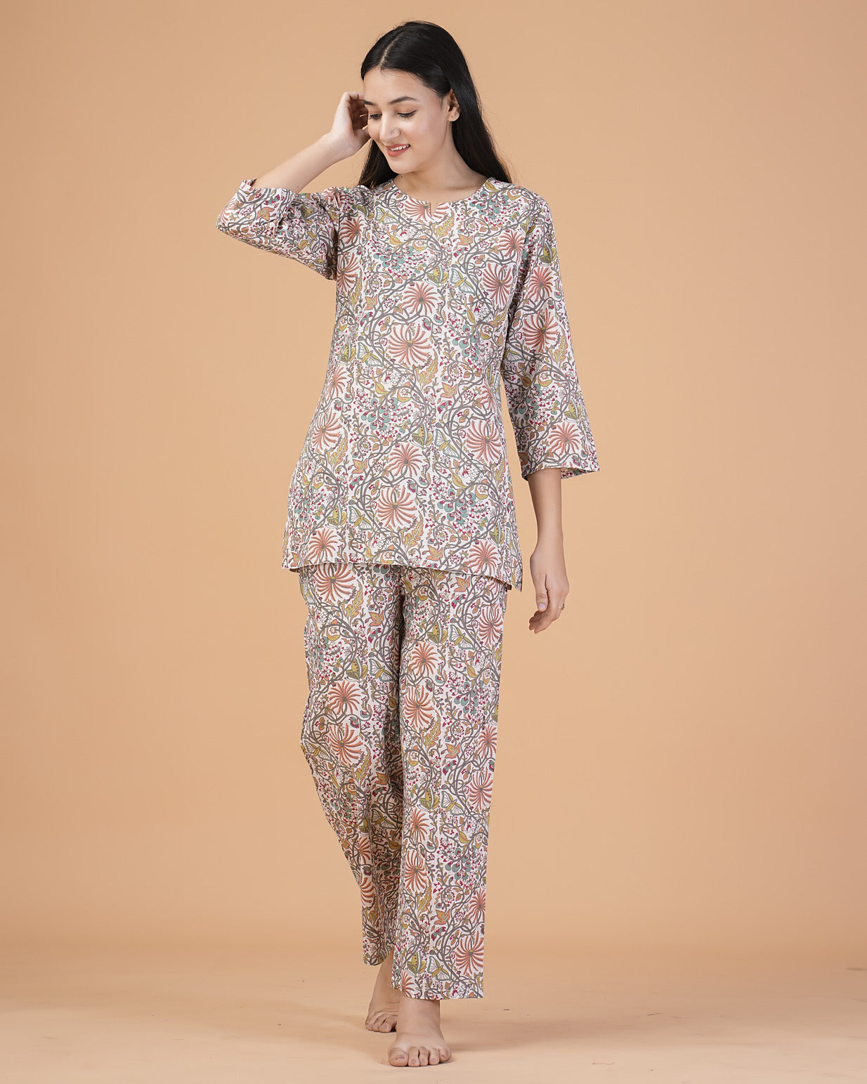 White With Flower Printed Cotton Night Suit