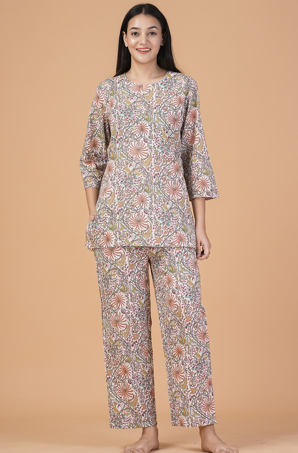 White With Flower Printed Cotton Night Suit