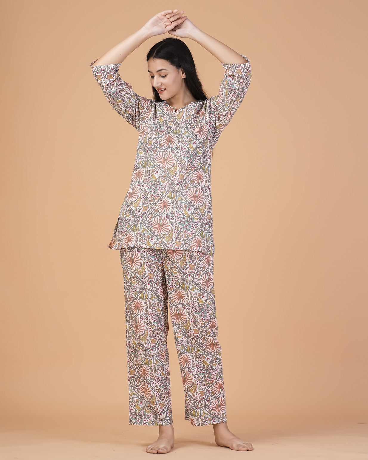 White With Flower Printed Cotton Night Suit