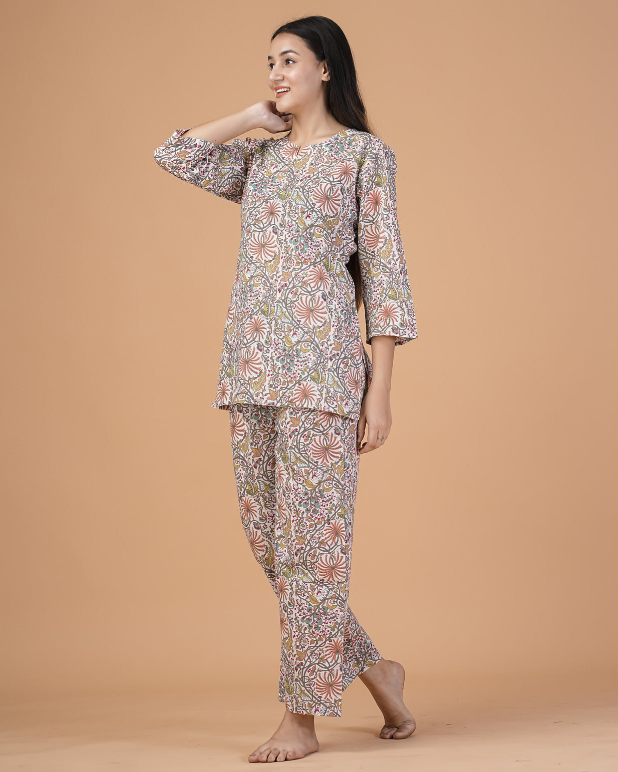 White With Flower Printed Cotton Night Suit