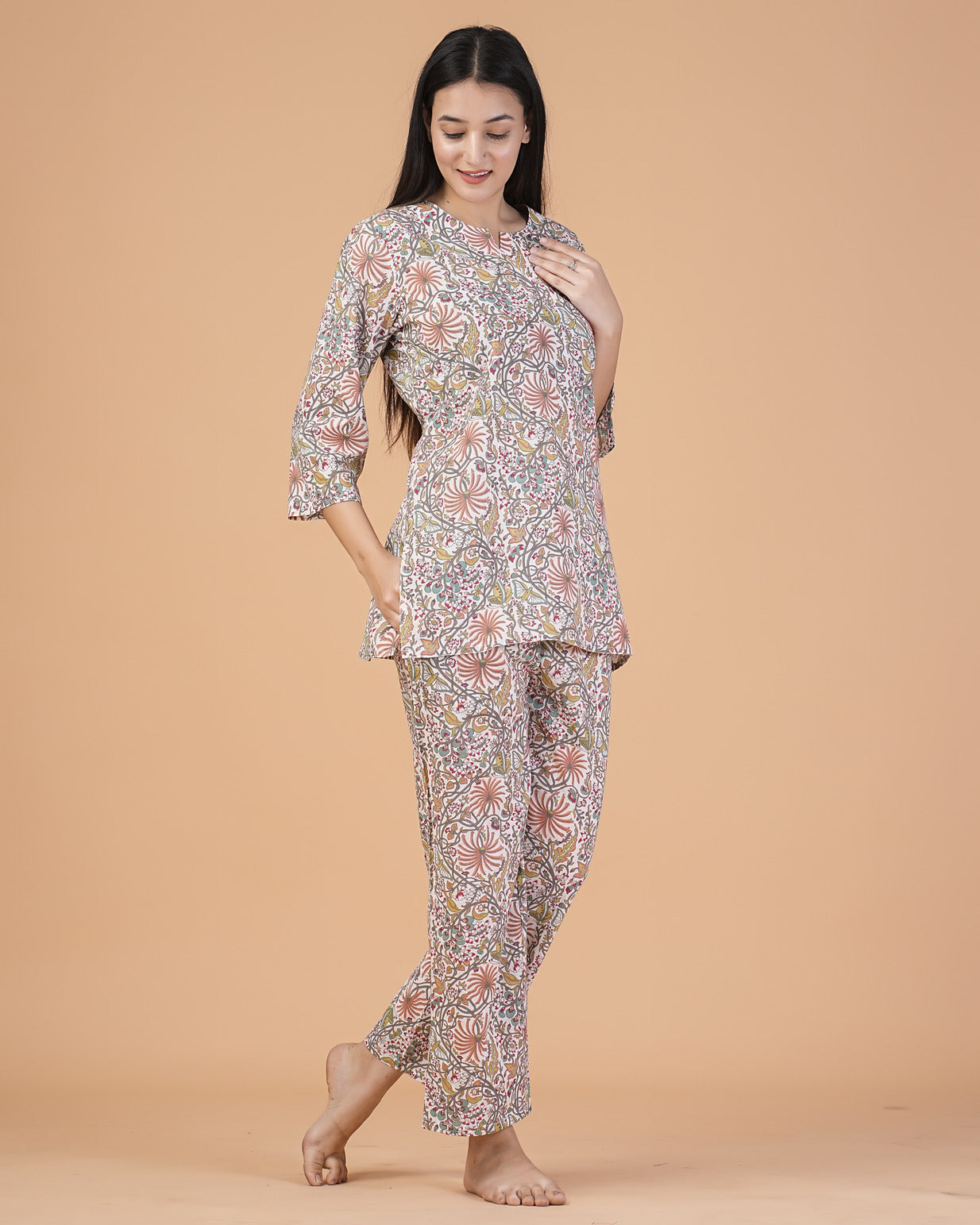 White With Flower Printed Cotton Night Suit