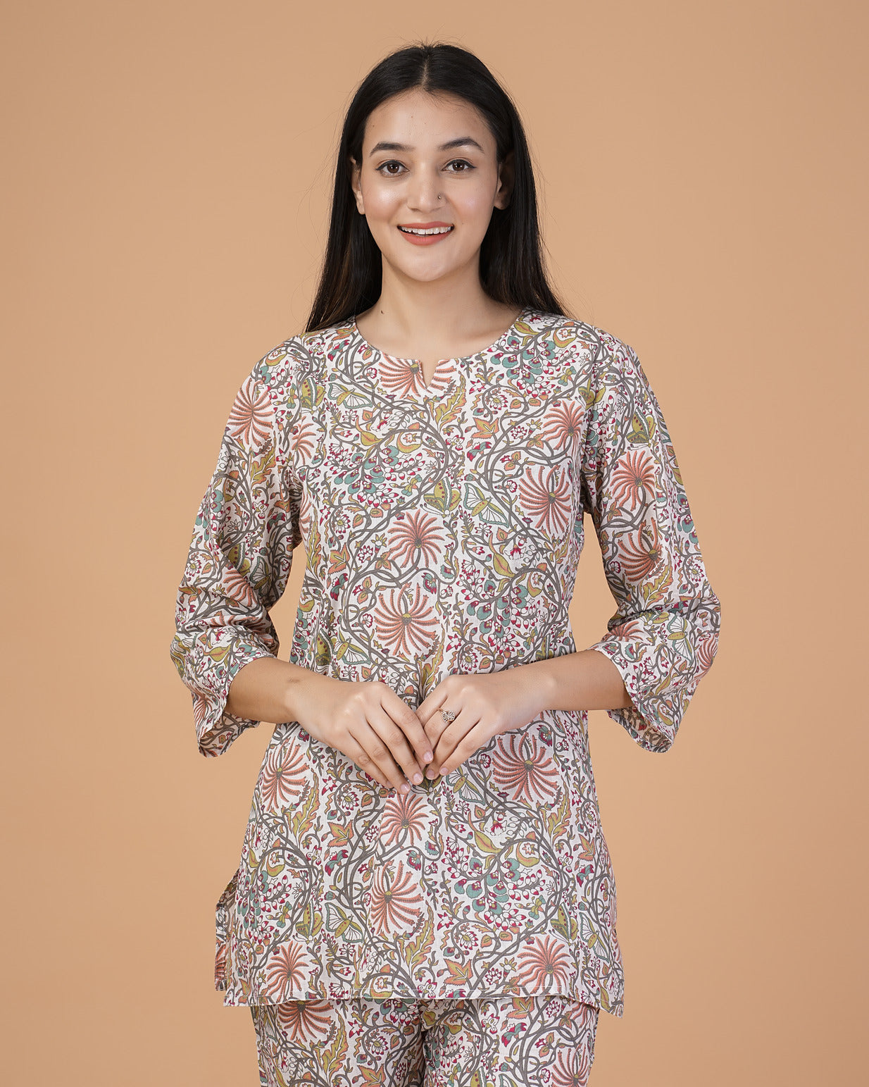 White With Flower Printed Cotton Night Suit