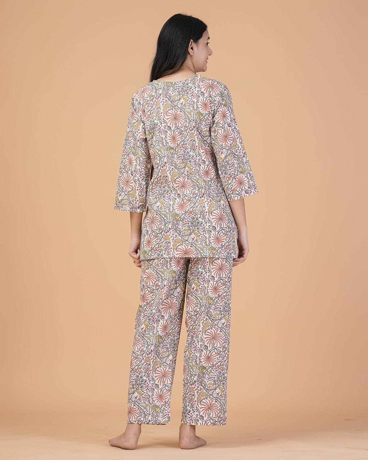 White With Flower Printed Cotton Night Suit