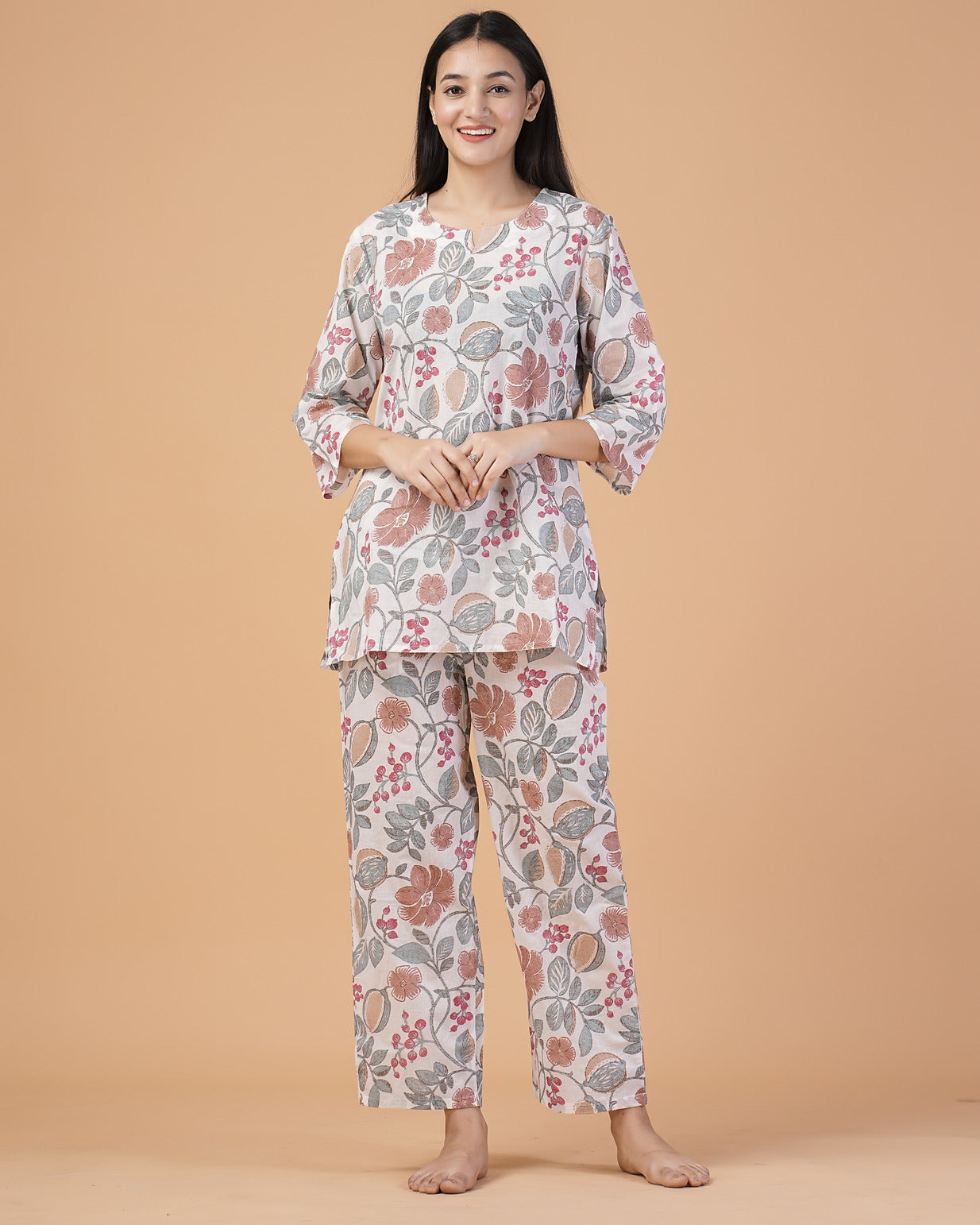 White With Multicolor Printed Cotton Night Suit