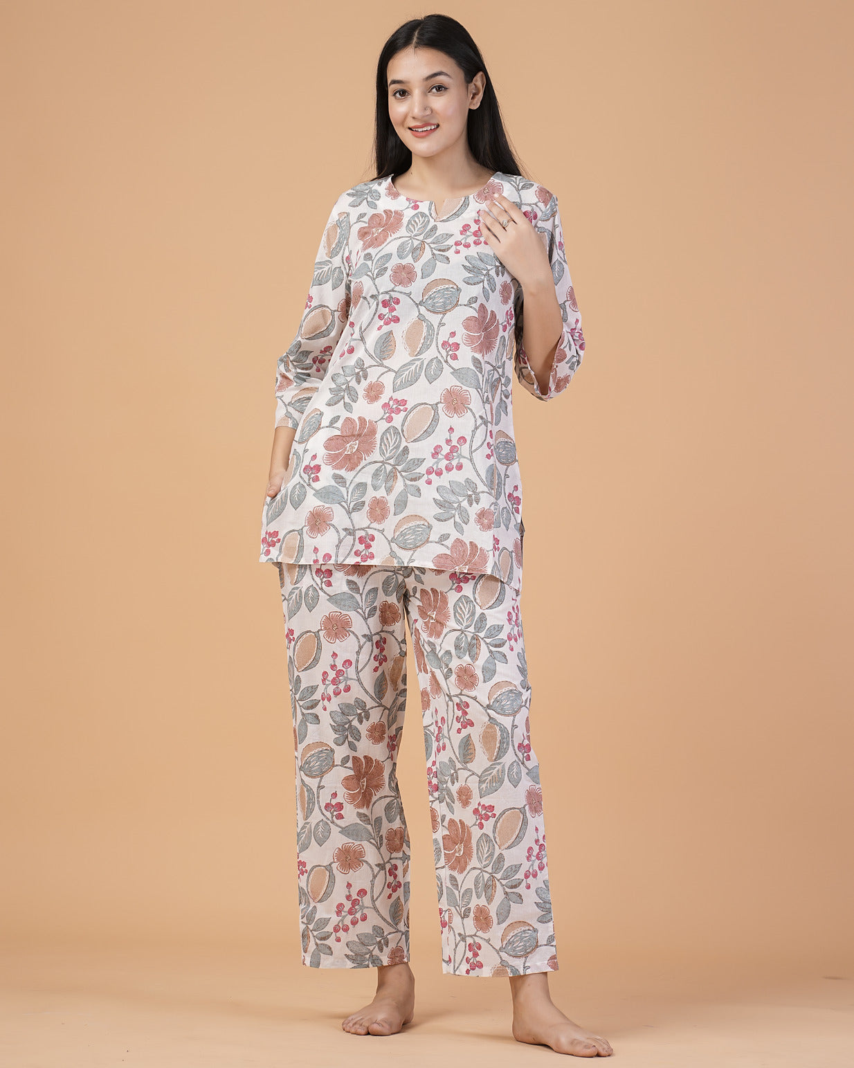 White With Multicolor Printed Cotton Night Suit