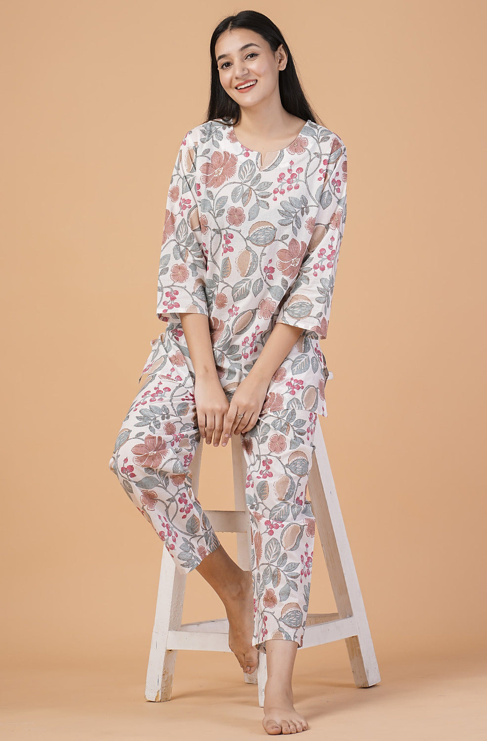 White With Multicolor Printed Cotton Night Suit