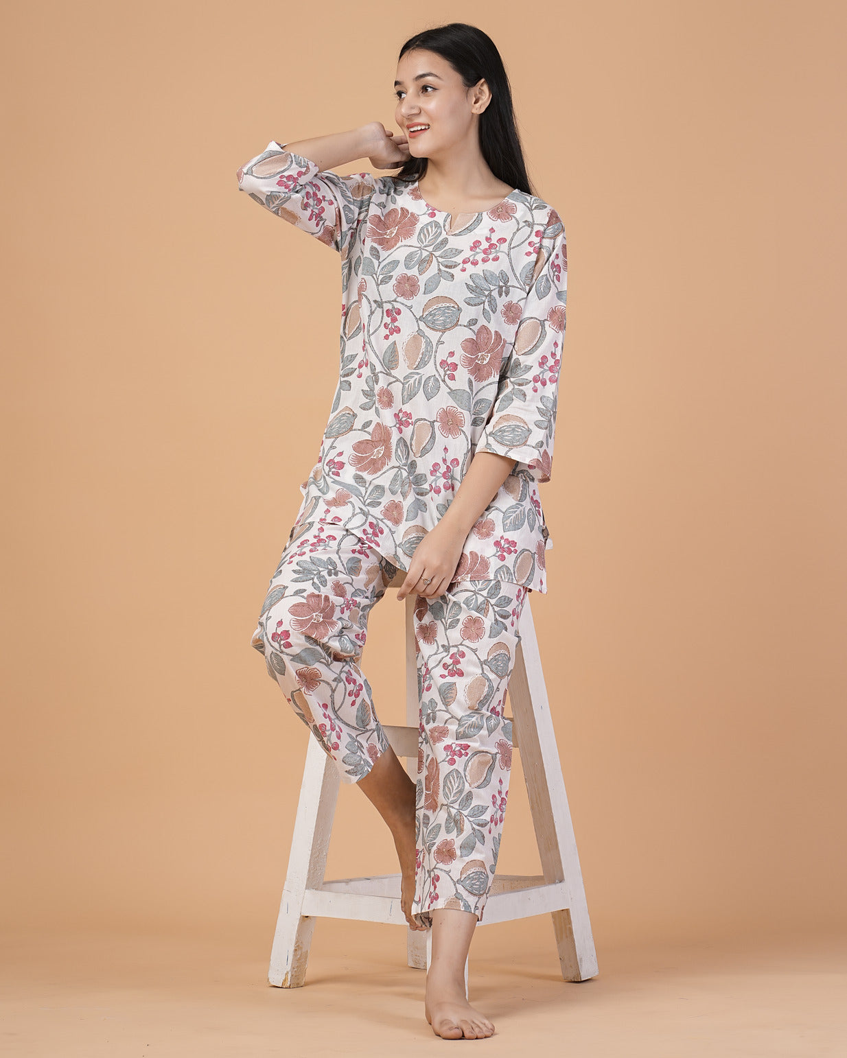 White With Multicolor Printed Cotton Night Suit