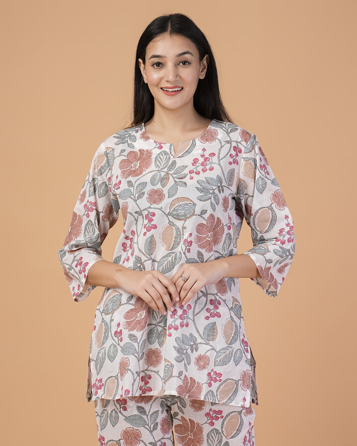 White With Multicolor Printed Cotton Night Suit