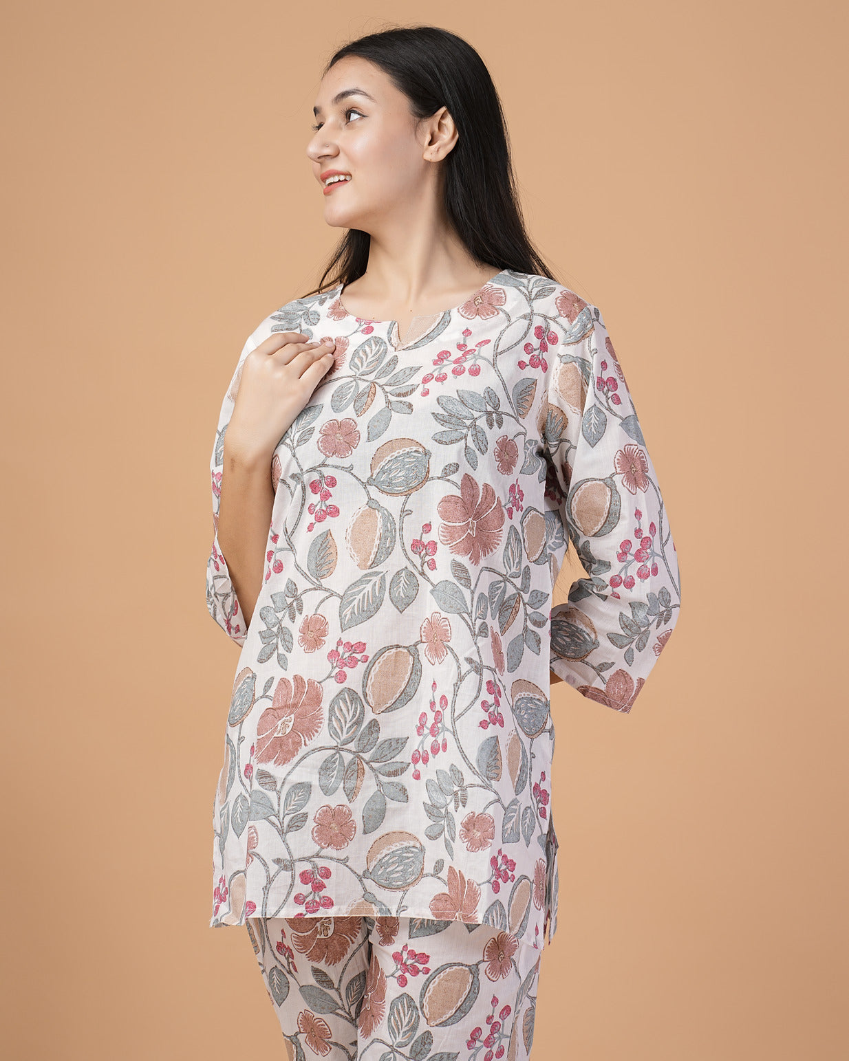 White With Multicolor Printed Cotton Night Suit