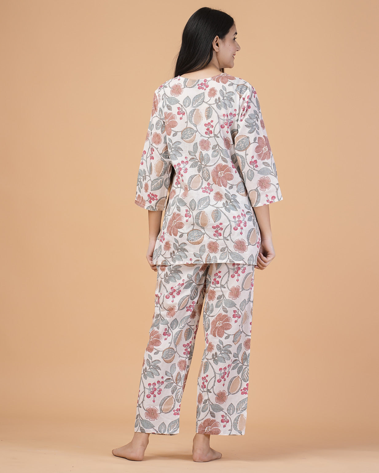 White With Multicolor Printed Cotton Night Suit