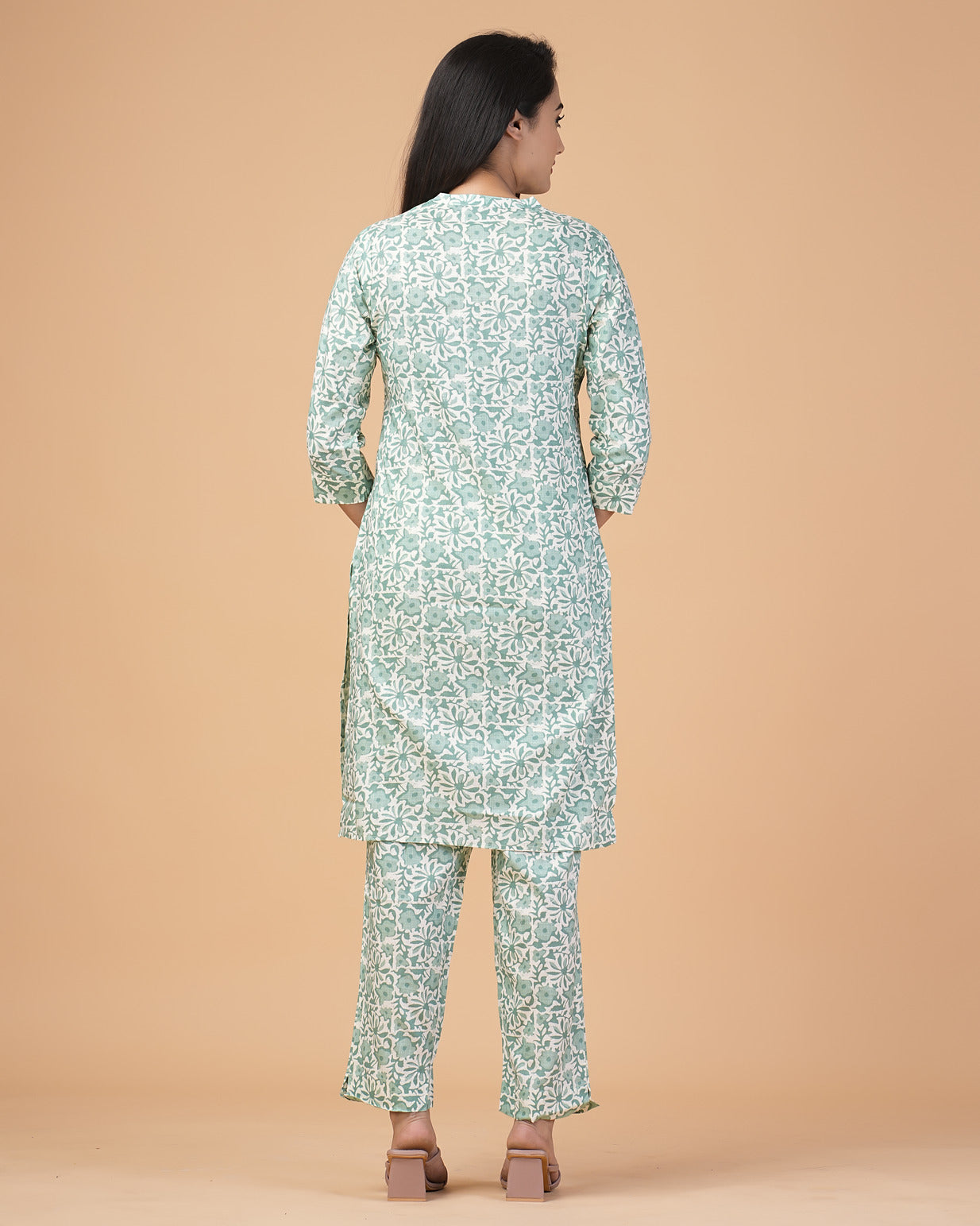 Pastel Green Floral Printed with Silver Embroidery Cotton Kurti Set