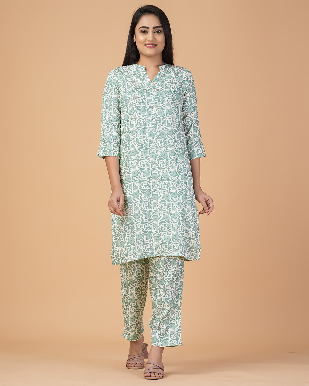 Pastel Green Floral Printed with Silver Embroidery Cotton Kurti Set