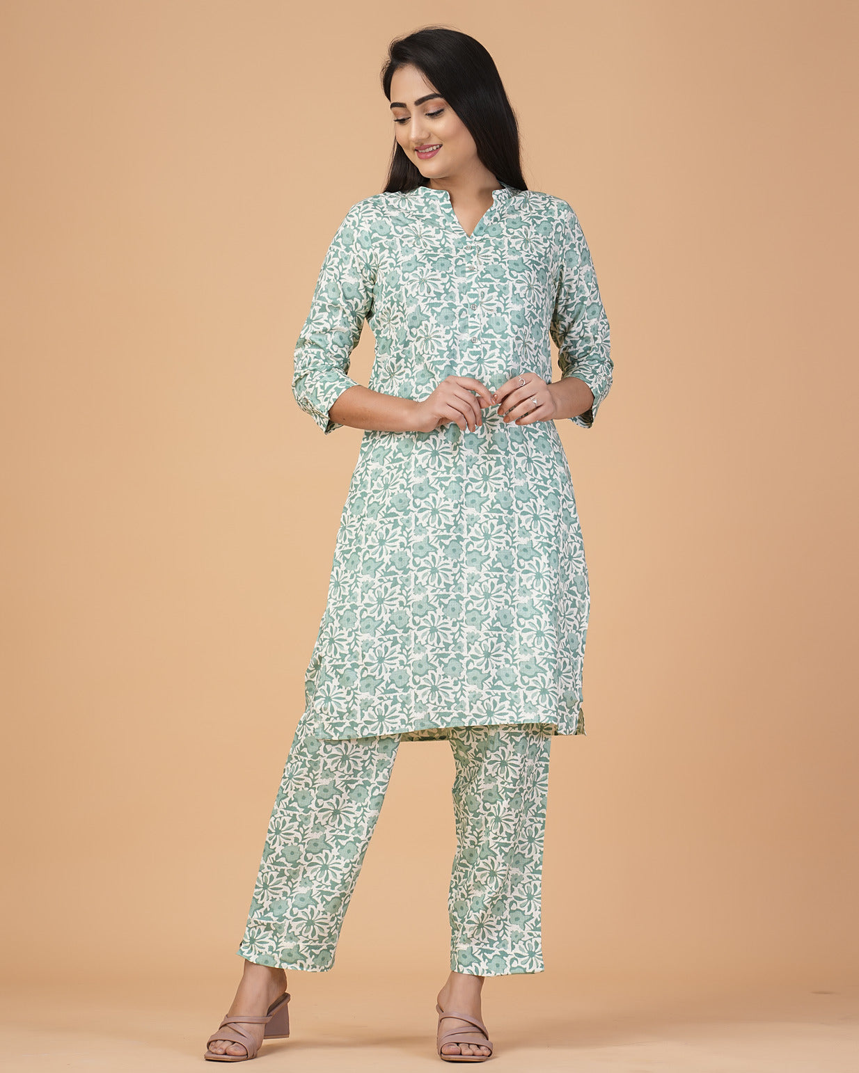 Pastel Green Floral Printed with Silver Embroidery Cotton Kurti Set
