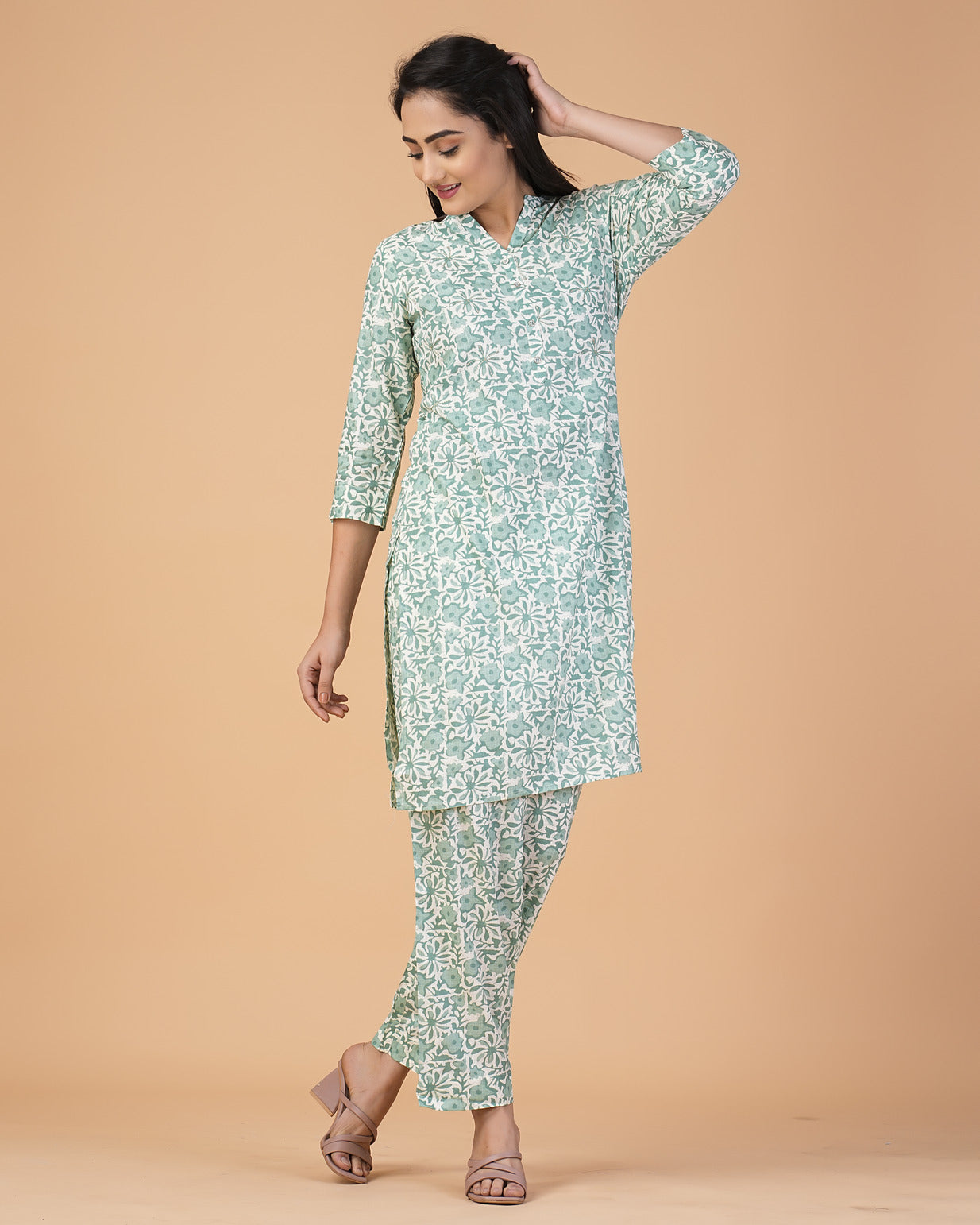 Pastel Green Floral Printed with Silver Embroidery Cotton Kurti Set