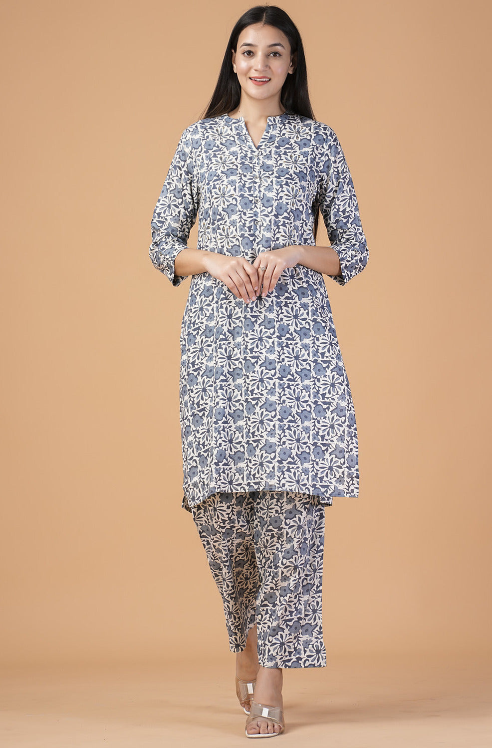 Blue Floral Printed with Silver Embroidery Cotton Kurti Set