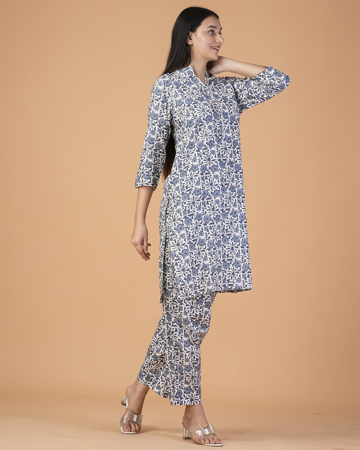 Blue Floral Printed with Silver Embroidery Cotton Kurti Set