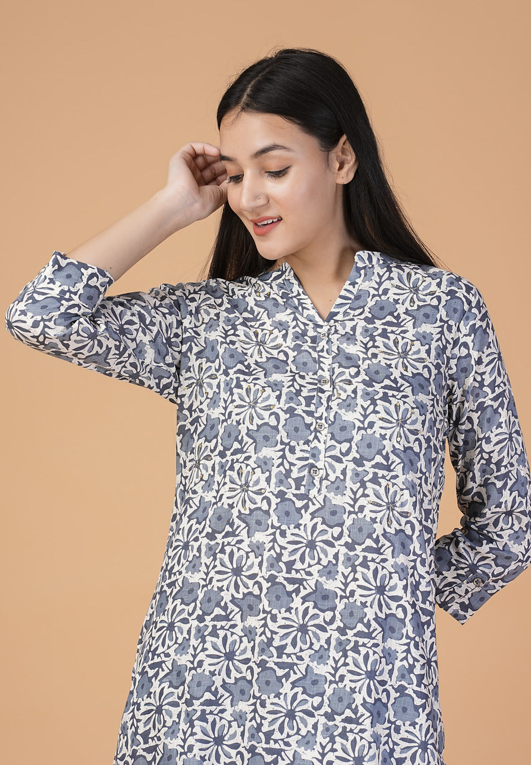 Blue Floral Printed with Silver Embroidery Cotton Kurti Set