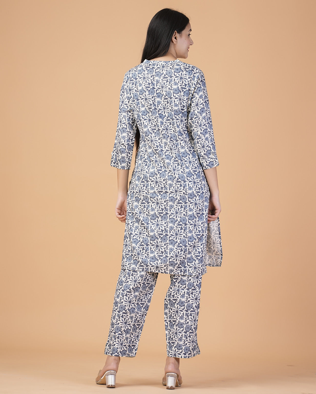 Blue Floral Printed with Silver Embroidery Cotton Kurti Set