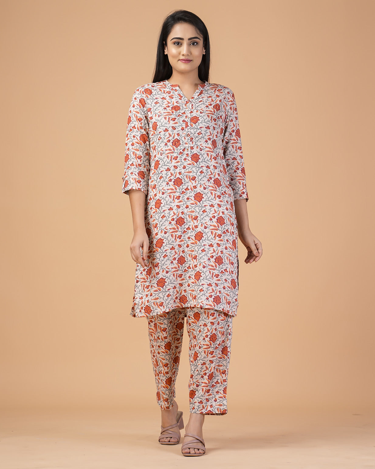 Orange and Brown Floral Printed with Silver Embroidery Cotton Kurti Set