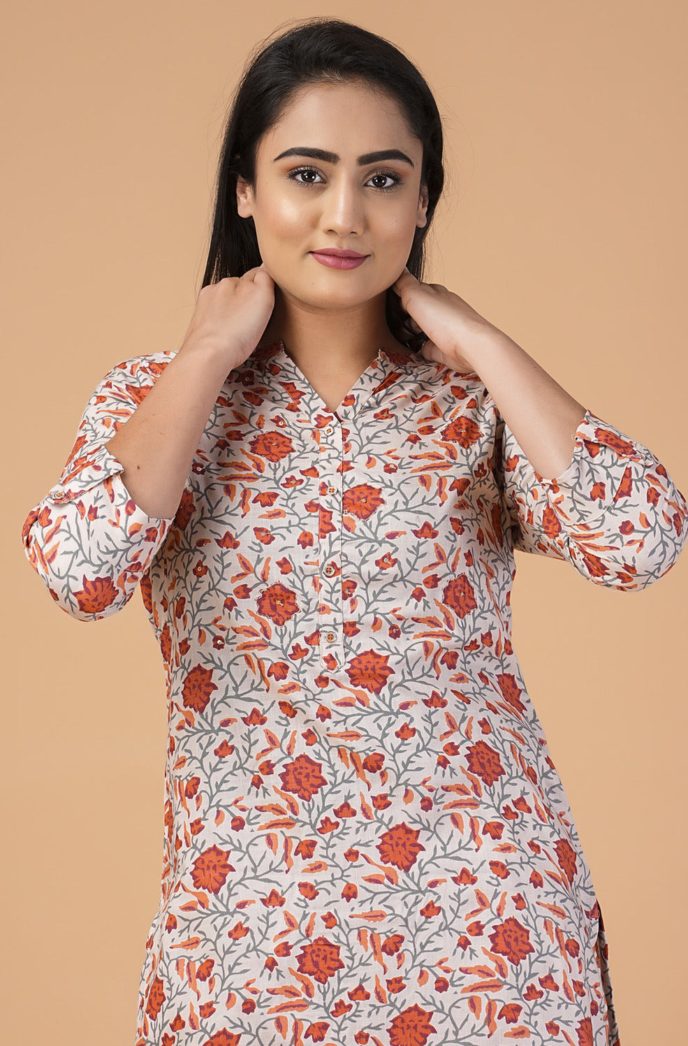 Orange and Brown Floral Printed with Silver Embroidery Cotton Kurti Set