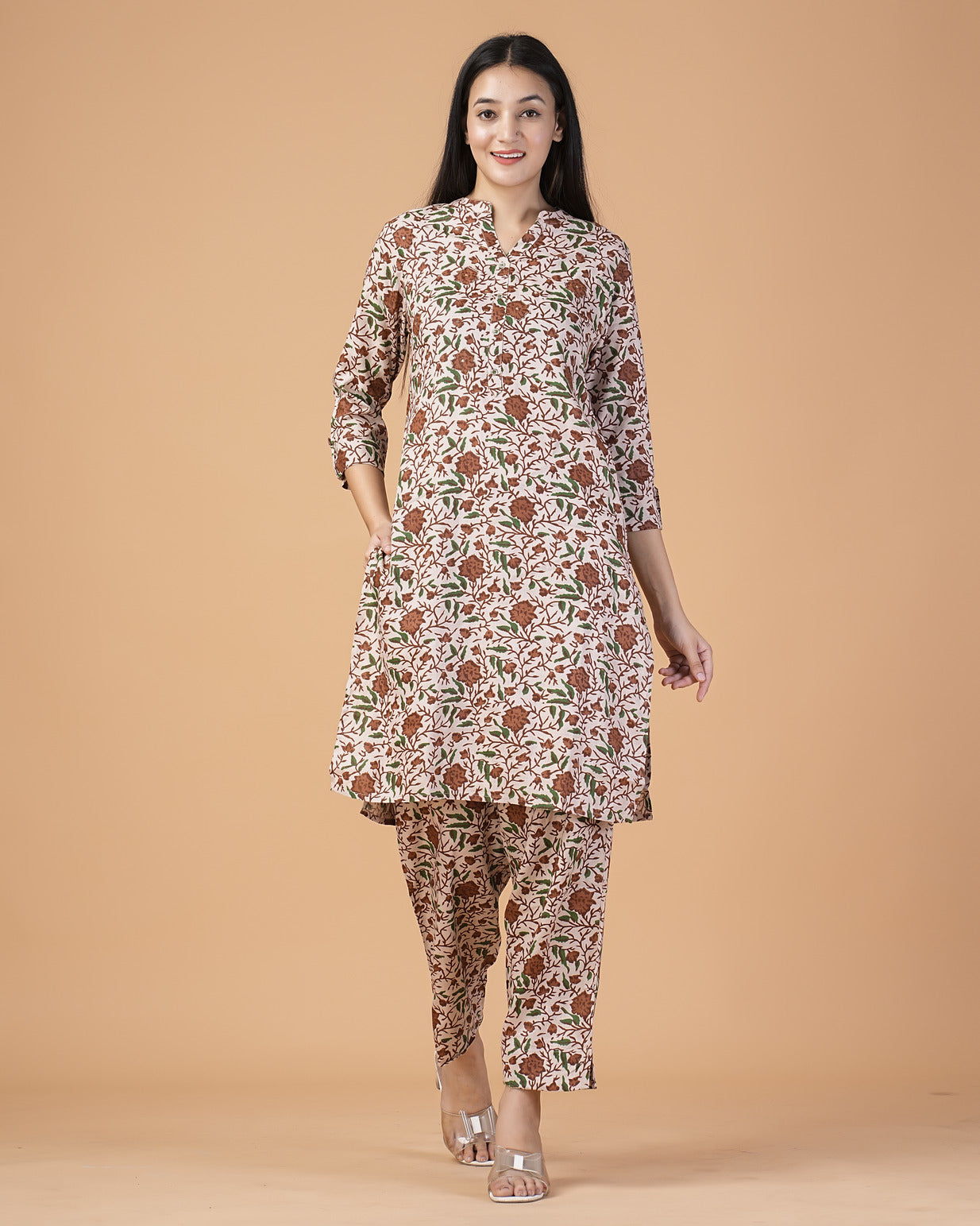 Brown and Green Floral Printed with Silver Embroidery Cotton Kurti Set