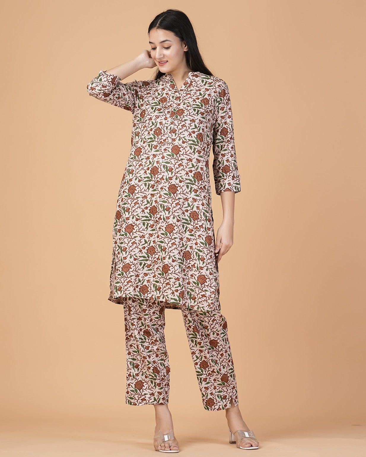 Brown and Green Floral Printed with Silver Embroidery Cotton Kurti Set