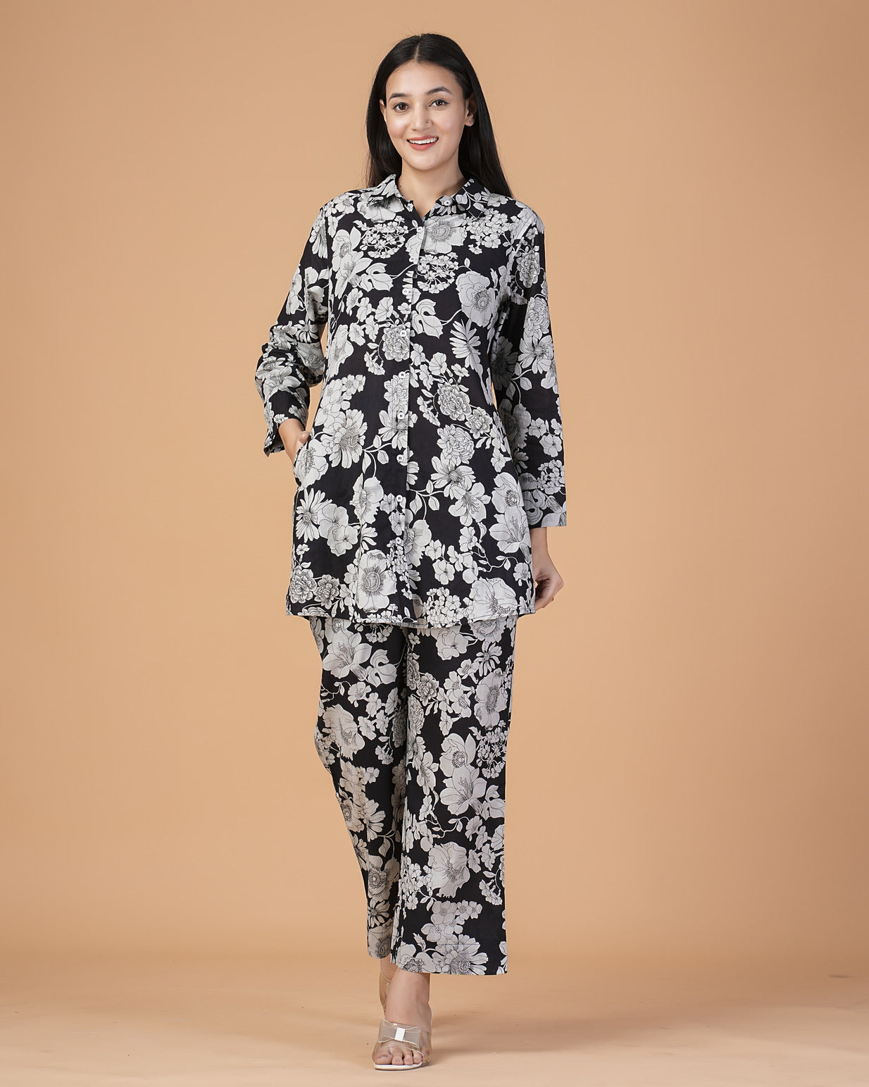 Black and Grey Floral Collar Muslin Co-ord Set