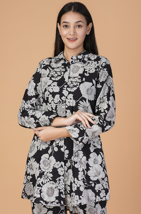 Black and Grey Floral Collar Muslin Co-ord Set