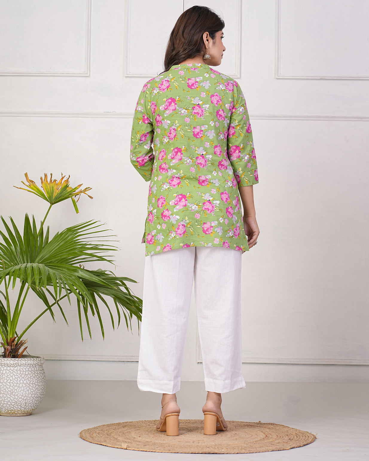 Green With Pink Floral Short Cotton Kurti