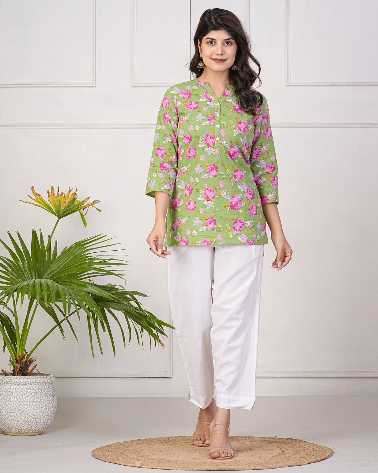 Green With Pink Floral Short Cotton Kurti