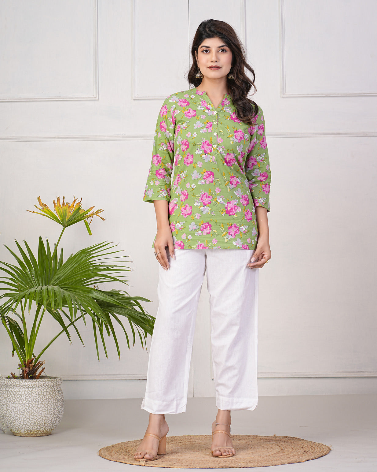 Green With Pink Floral Short Cotton Kurti