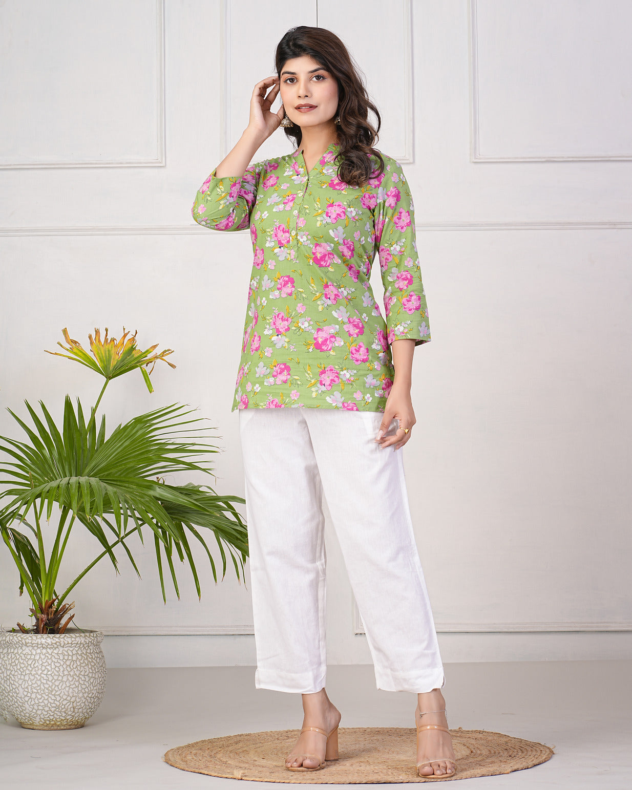 Green With Pink Floral Short Cotton Kurti