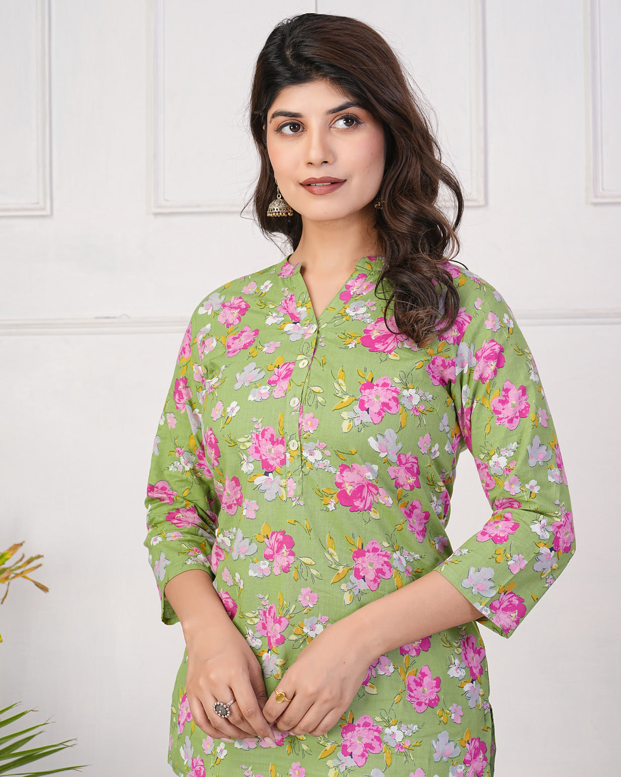 Green With Pink Floral Short Cotton Kurti