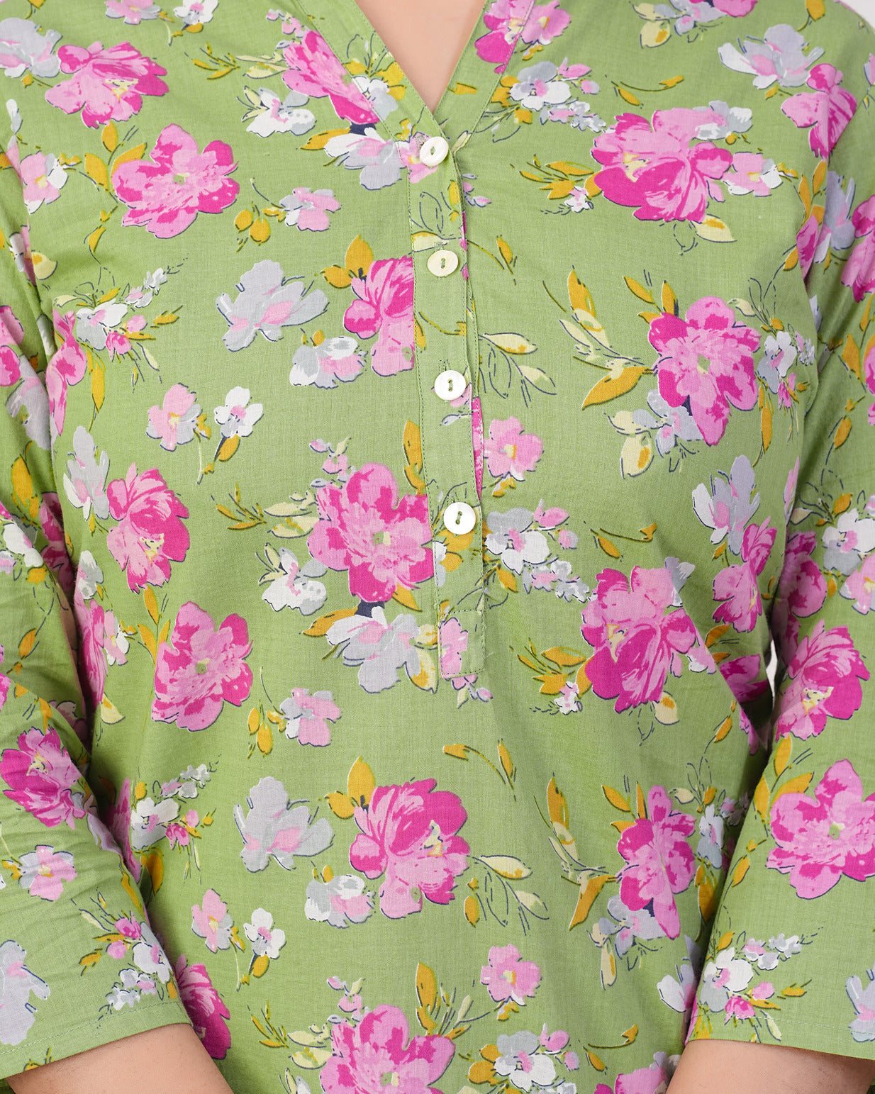 Green With Pink Floral Short Cotton Kurti