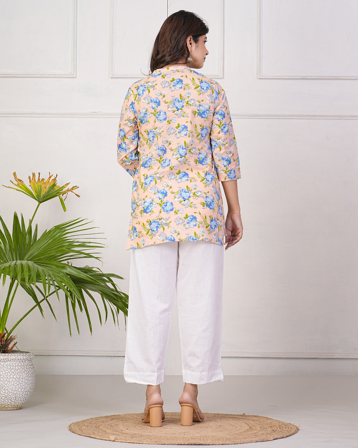 Peach With Blue Floral Short Cotton Kurti