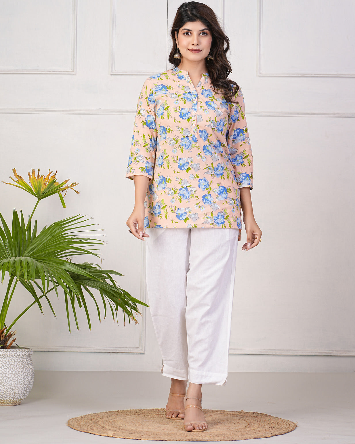 Peach With Blue Floral Short Cotton Kurti