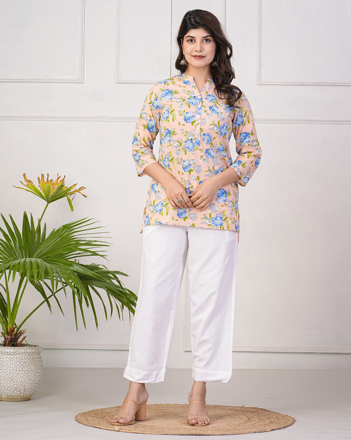 Peach With Blue Floral Short Cotton Kurti