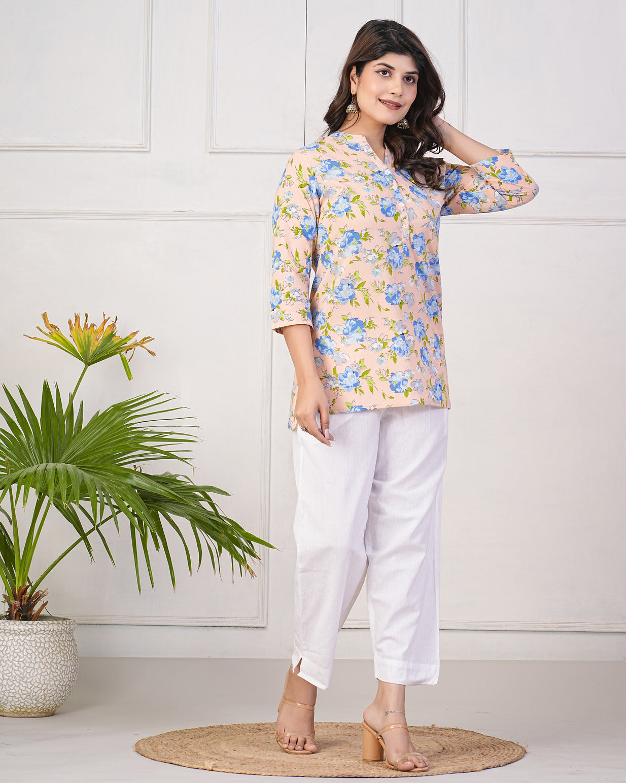 Peach With Blue Floral Short Cotton Kurti