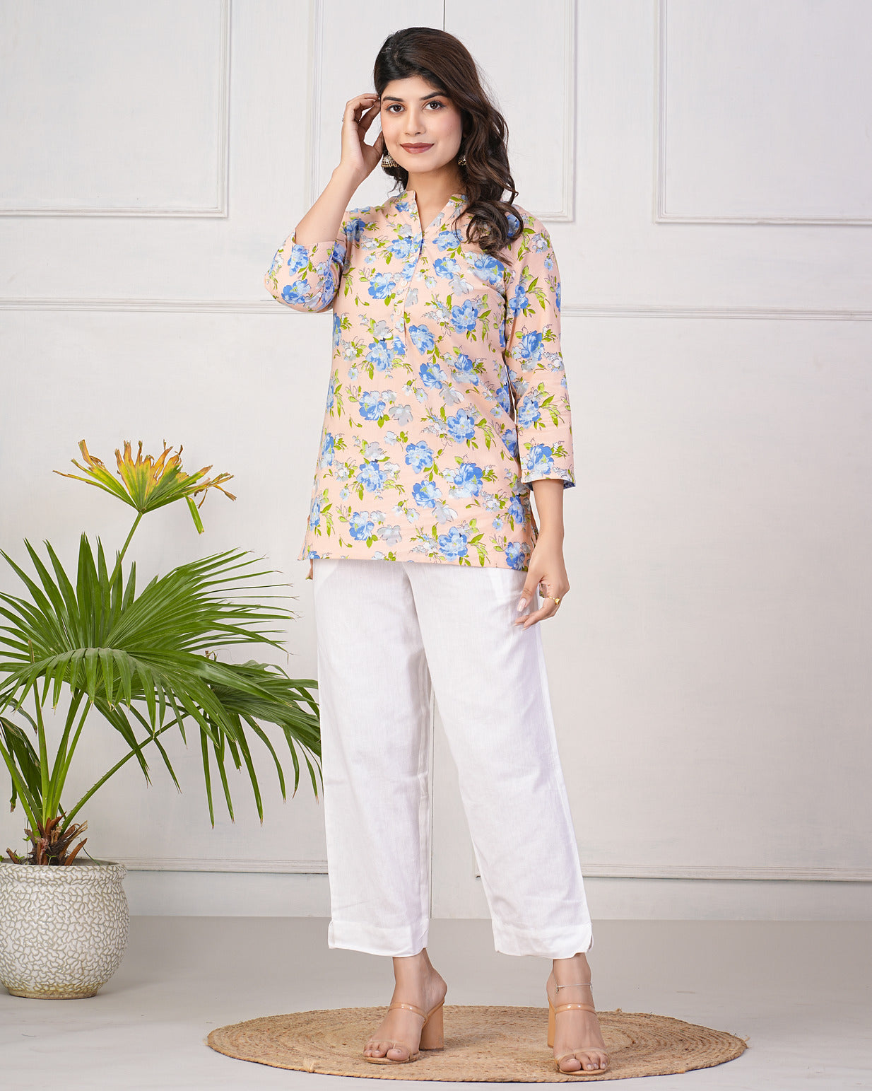 Peach With Blue Floral Short Cotton Kurti