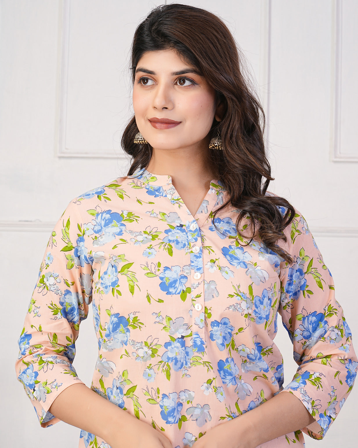 Peach With Blue Floral Short Cotton Kurti