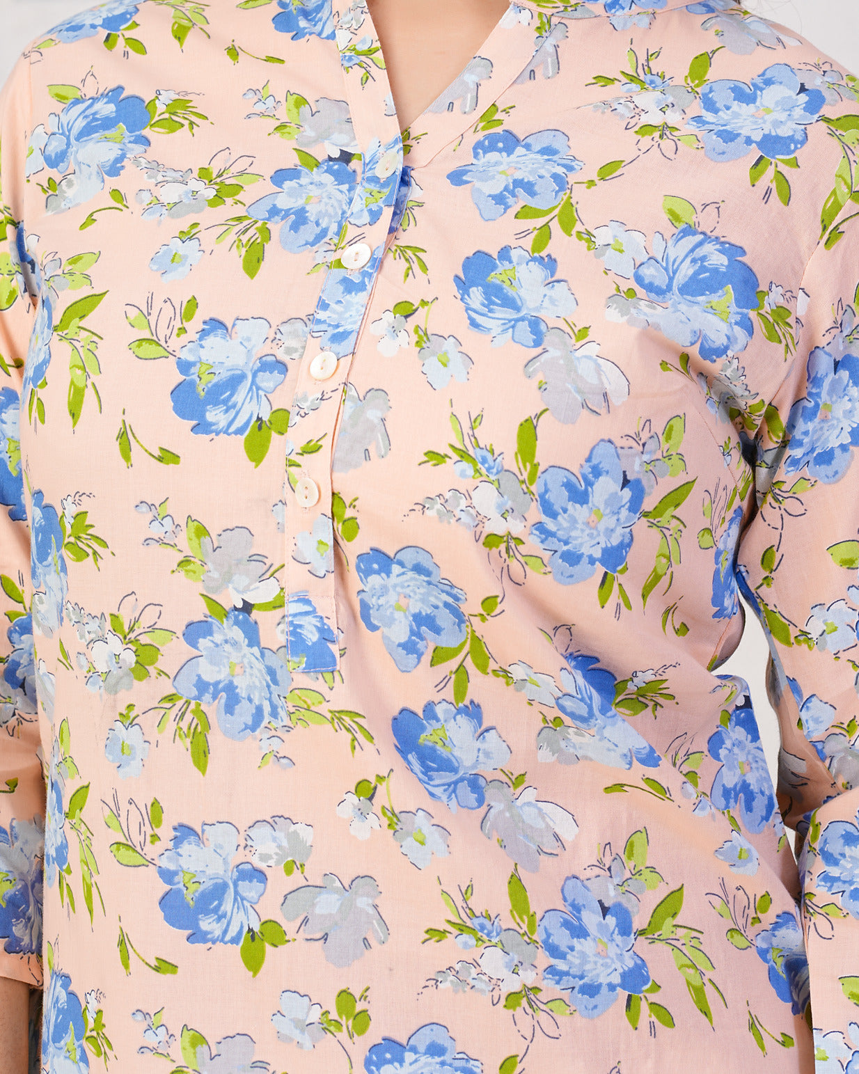 Peach With Blue Floral Short Cotton Kurti
