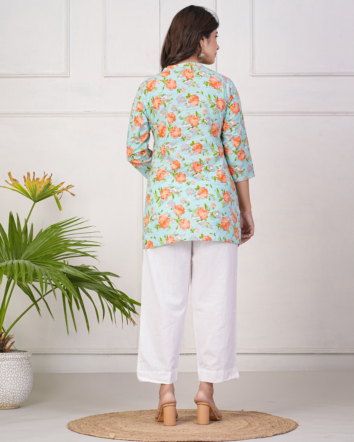 Pastel Green With Orange Floral Short Cotton Kurti