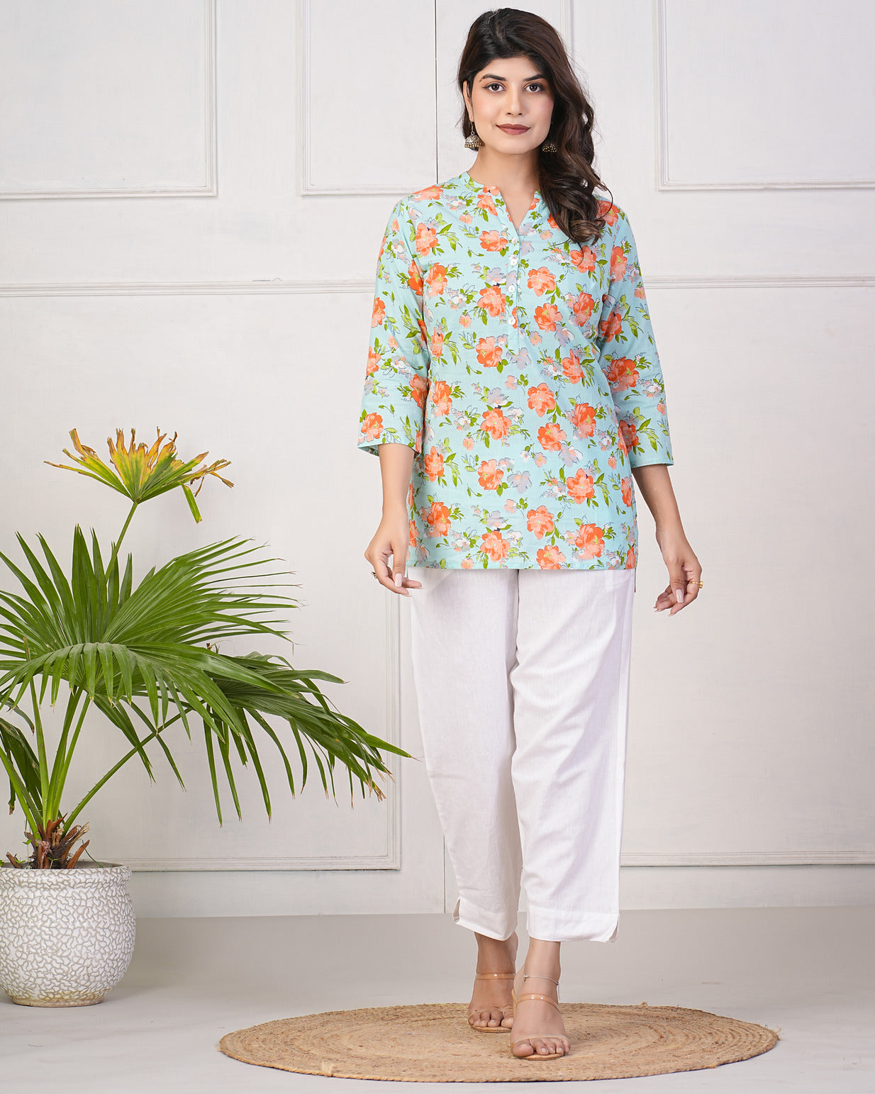 Pastel Green With Orange Floral Short Cotton Kurti
