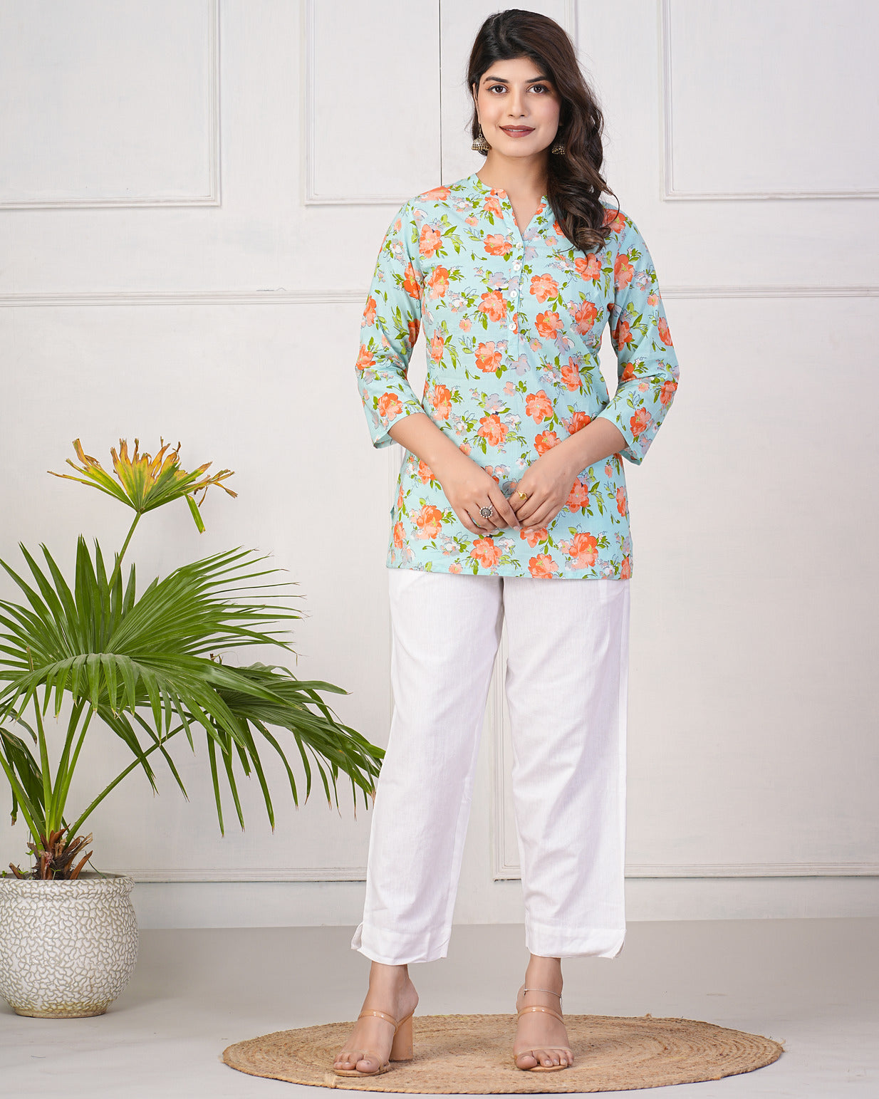 Pastel Green With Orange Floral Short Cotton Kurti