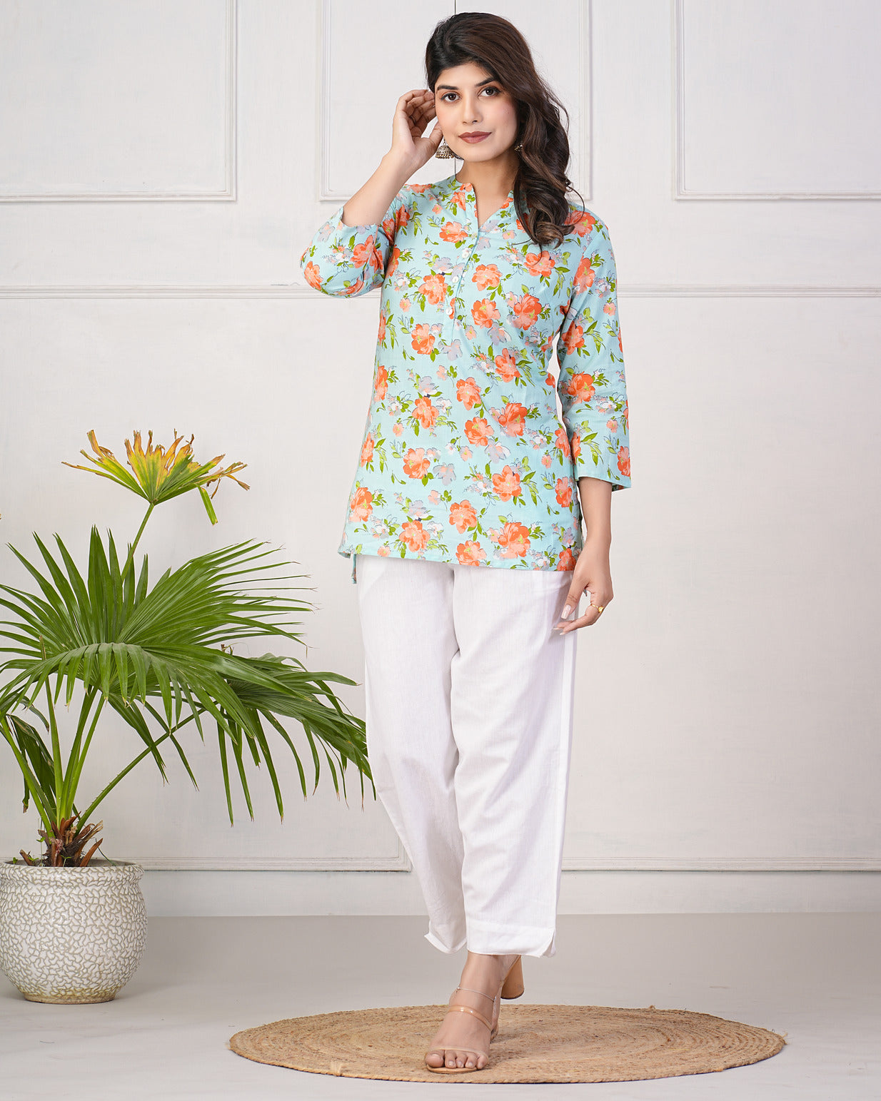 Pastel Green With Orange Floral Short Cotton Kurti