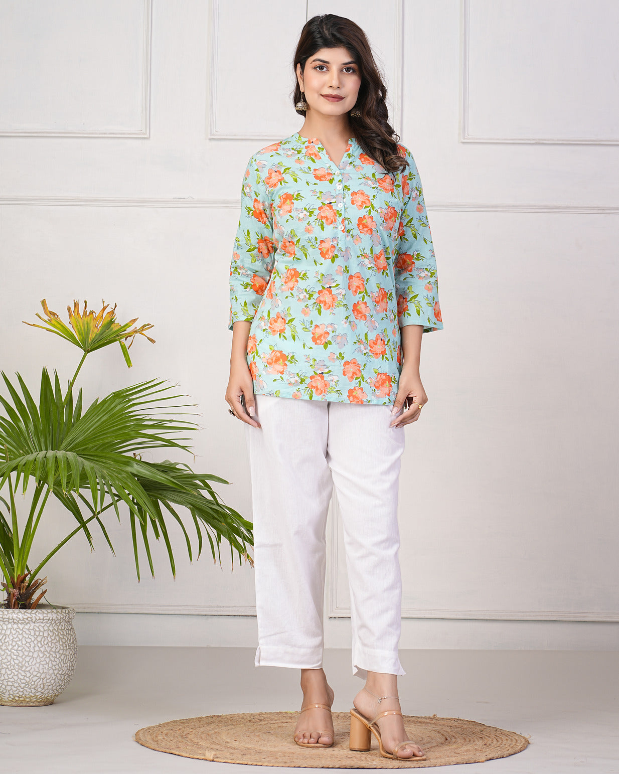 Pastel Green With Orange Floral Short Cotton Kurti